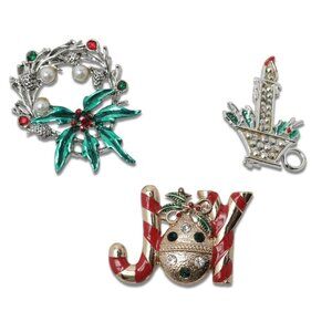 Vintage Christmas Brooches Pins Holiday Wreath Joy Candle Festive Red Green x3